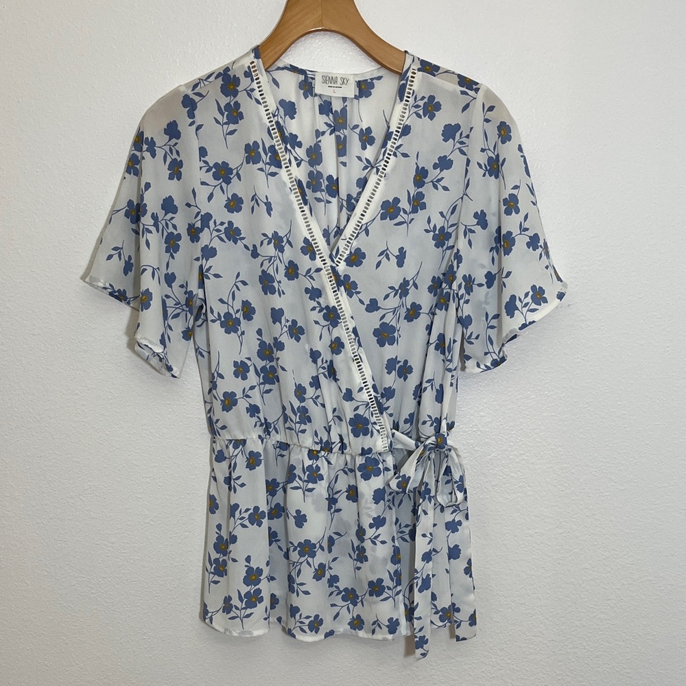 Sienna Sky White Blue Floral Wrap Blouse